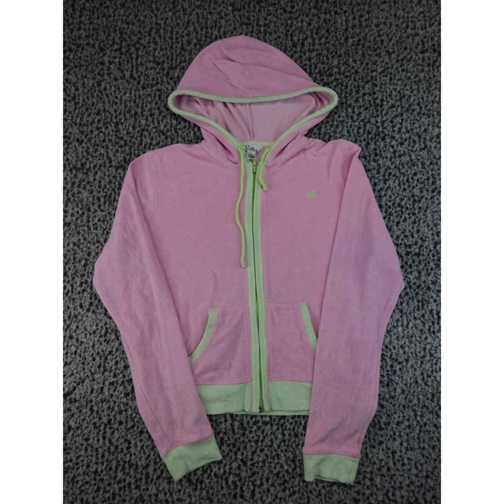 Lilly Pulitzer Zip Up Hoodie Womens Medium‎ Pink Green Velour Terry Palm Tree